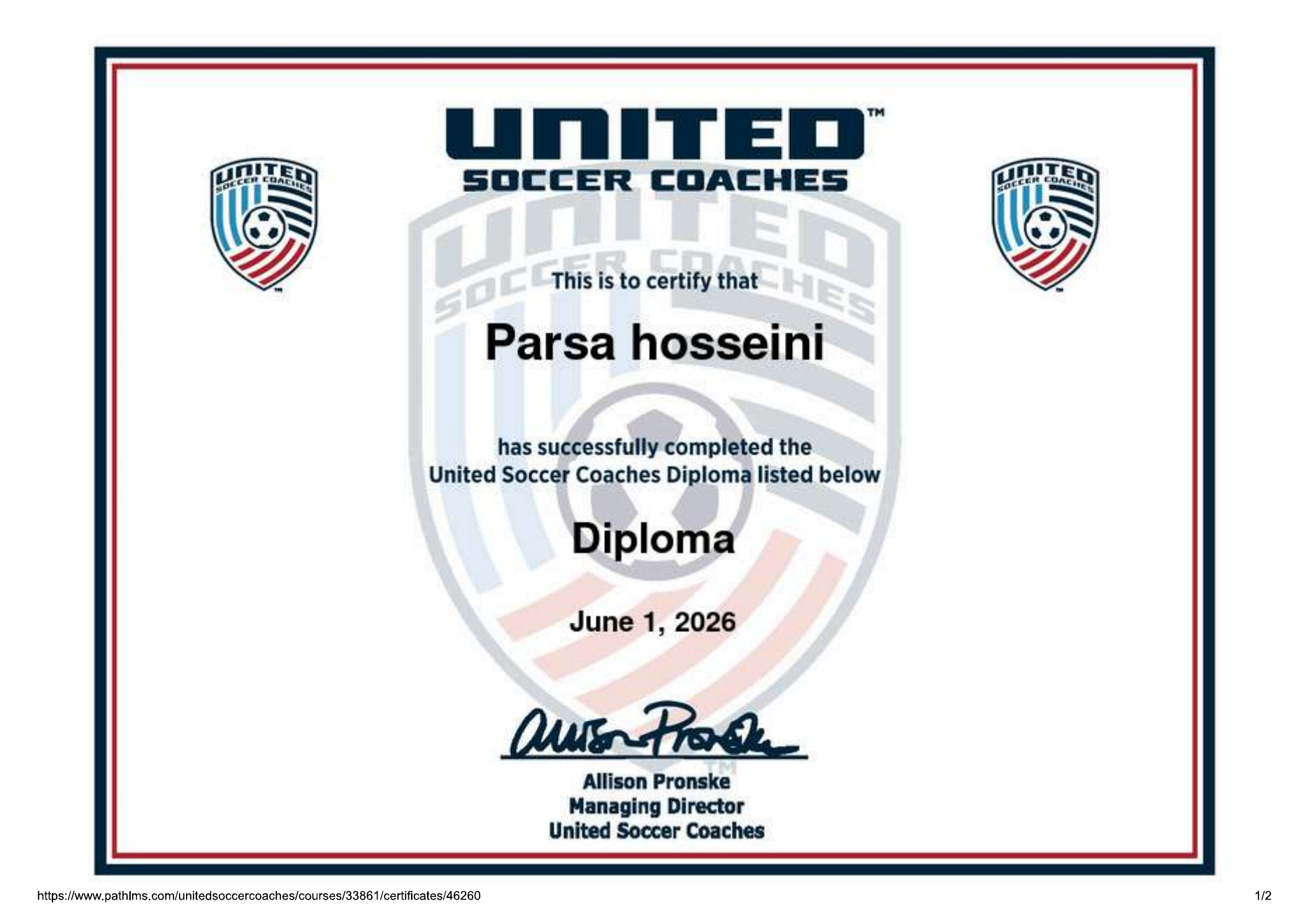 Parsa Hosseini United Soccer Coaches Diploma